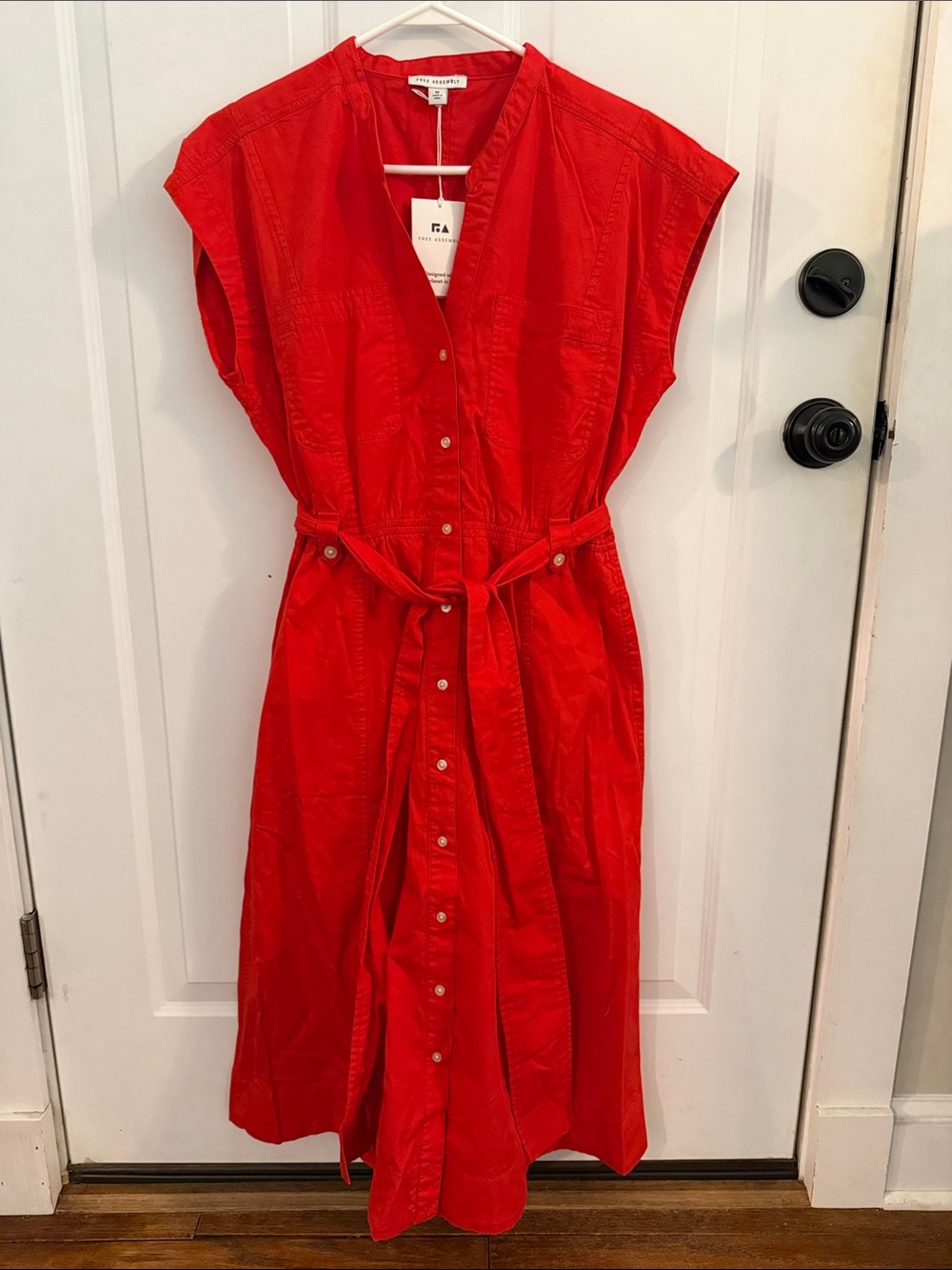 Free Assembly Red/Orange Button-Front Midi Dress with Tie Waist